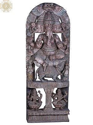 60" Large Wooden Three Face Lord Ganesha with Kirtimukha Throne