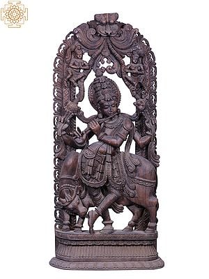 Large Wooden Fluting Krishna with His Cow