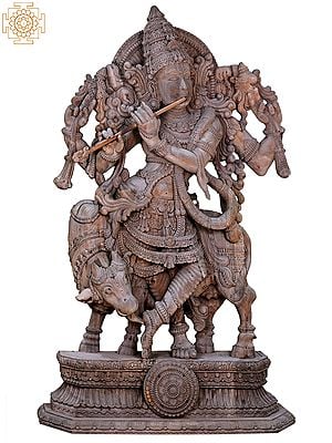 84" Large wooden Fluting Krishna with His Cow