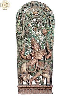54" Large wooden Lord Krishna Playing Flute with His Cow