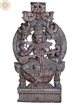 56" Large Wooden Goddess Saraswati On Lotus Pedestal with Kirtimukha Throne