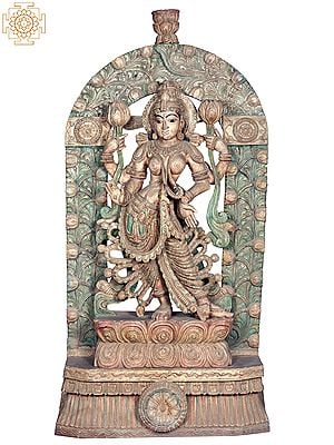 72" Large Wooden Standing Goddess Lakshmi Statue on Lotus Pedestal