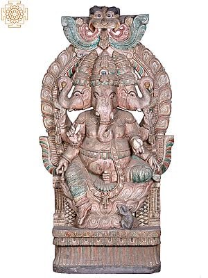 72" Large Wooden Three Face Lord Ganesha with Kirtimukha Throne
