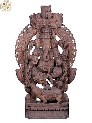 60" Large Wooden Dancing Lord Ganesha on Rat with Kirtimukha Throne