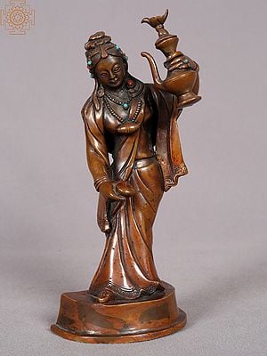 7" Wine Lady Copper Statue from Nepal