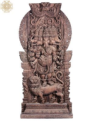 74" Large Wooden Panchmukhi Lord Ganesha Standing Statue on Lion