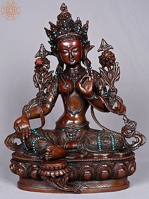 13" Tibetan Buddhist Goddess Green Tara Idol | Nepalese Copper Statue
