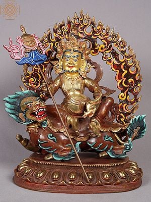 14" Buddhist Deity Singh Kubera Idol | Nepalese Copper Statue