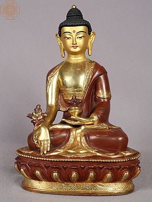 8" Medicine Buddha Copper Statue from Nepal | Copper Idol with Gold Plated