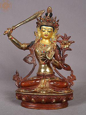 9" Tibetan Buddhist Deity Manjushri Copper Statue from Nepal