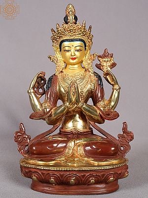 9" Chenrezig (Four-Armed Avalokiteshvara) Statue from Nepal | Copper Idol with Gold Plated