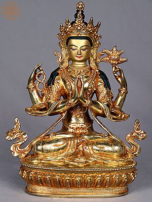 9" Tibetan Buddhist Deity Chenrezig Copper Statue from Nepal