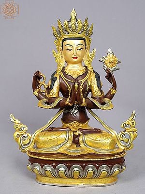 13" Tibetan Buddhist Deity Chenrezig Copper Statue from Nepal