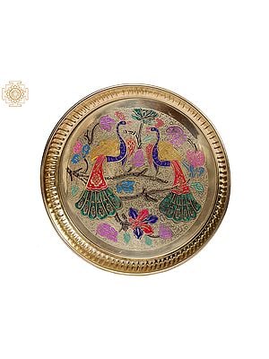 8" Brass Colorful Peacock Design Plate