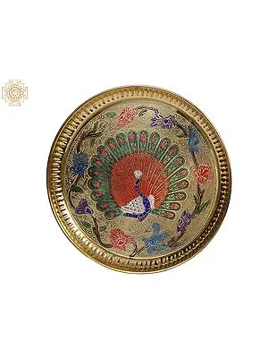 9" Colorful Peacock Design Plate in Brass