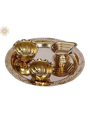 7" Brass Puja Thali with Attached Diya and Two Small Bowls