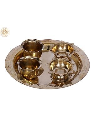 6" Brass Puja Thali with Attached Two Diya and Two Small Bowl