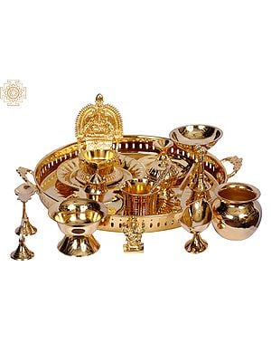13" Brass Pooja Thali Set (15 Pcs)