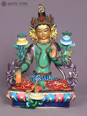 9" Colorful Buddhist Goddess Green Tara Copper Statue from Nepal