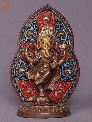 8" Dancing Lord Ganesha Idol on Mouse | Copper Statue from Nepal
