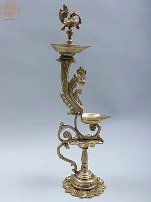20" Bronze Designer 2 Layer of Peacock Lamp with 2 Wicks (Hoysala Art)