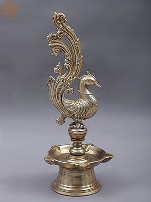 12" Bronze Designer Peacock Five Wicks Lamp (Hoysala Art)