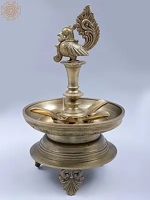 13" Bronze Peacock Designer Oil Lamp (Hoysala Art)