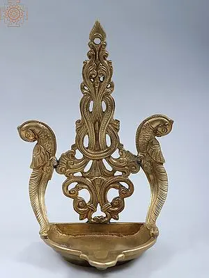 8" Bronze Designer Diya with Parrots (Hoysala Art)