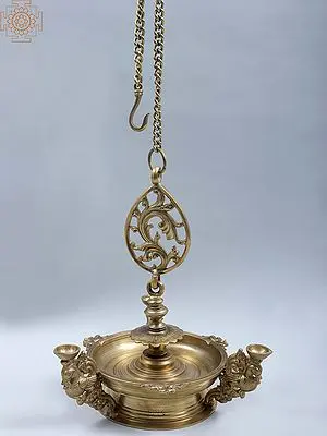 12" Superfine Bronze Hanging Lamp with Four Wicks | Handmade | Hoysala Art