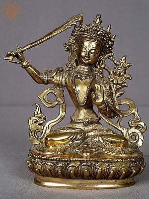 6" Small Brass Tibetan Buddhist Deity - Manjushri From Nepal