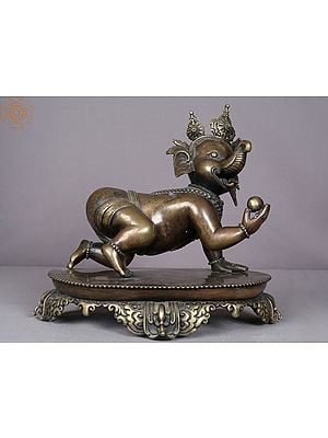12" Bal Ganesha Eating Modak Brass Statue from Nepal