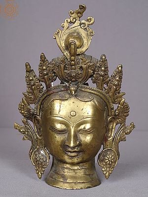 10" Green Tara Brass Idol Head with Crown from Nepal