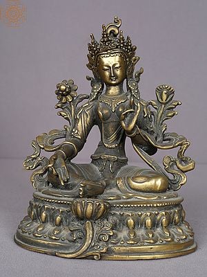 9" Green Tara Brass Statue on Lotus Throne from Nepal