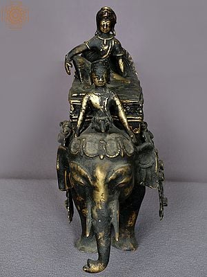9" Brass Lord Indra Statue Seated on Elephant | Brass Idol from Nepal
