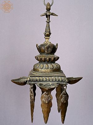 12" Small Hanging Brass Stupa Oil Lamp from Nepal