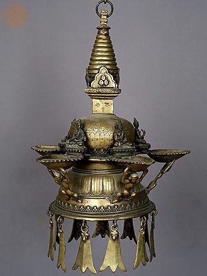 16” Stupa with Five Dhyani Buddha Hanging Lamp from Nepal