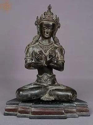 12" Copper Vajradhara (Tibetan Buddhist Deity) with Wooden Base From Nepal
