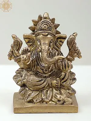 3" Small Brass Lord Ganesha Idol Seated on Lotus | Handmade