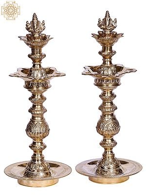 15" Pair of Lord Ganesha Design Oil Lamp