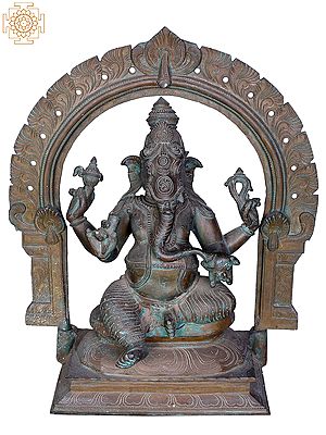 18" Bronze Seated Ganesha Statue with Kirtimukha | Madhuchista Vidhana (Lost-Wax) | Panchaloha Bronze from Swamimalai