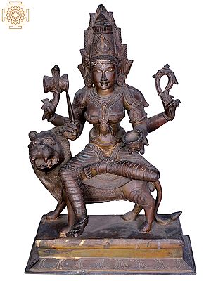 18" Bronze Mariamman (Durga) Seated on Lion | Handmade | Madhuchista Vidhana (Lost-Wax) | Panchaloha Bronze from Swamimalai