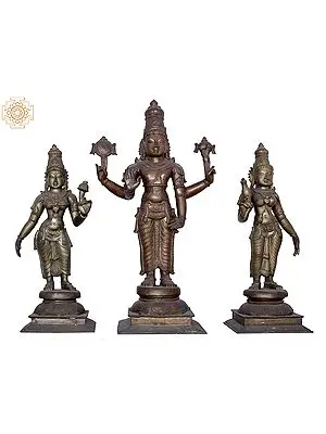 25" Lord Vishnu with Sridevi & Bhudevi Handmade Panchaloha Bronze Statue from Swamimalai