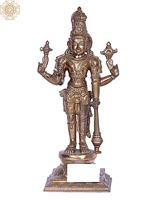 13" Bronze Four Armed Bhagawan Vishnu Standing on Pedestal | Handmade | Madhuchista Vidhana (Lost-Wax) | Panchaloha Bronze from Swamimalai