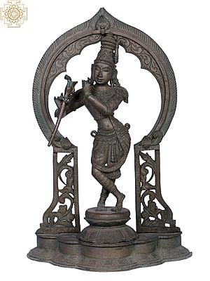 16" Lord Krishna Bronze Idol with Arch | Handmade | Madhuchista Vidhana (Lost-Wax) | Panchaloha Bronze from Swamimalai