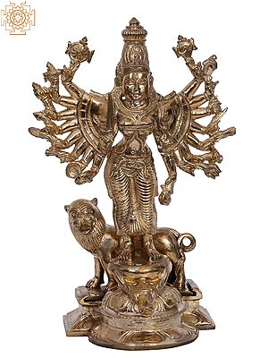 10" Bronze Goddess Durga with Lion Swaroop (Pateshwaram Durugai) | Handmade | Madhuchista Vidhana (Lost-Wax) | Panchaloha Bronze from Swamimalai