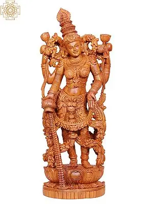 24" Wooden Standing Goddess Lakshmi Idol