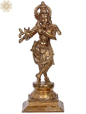 14" Bronze Standing Lord Krishna Playing Flute | Handmade | Madhuchista Vidhana (Lost-Wax) | Panchaloha Bronze from Swamimalai