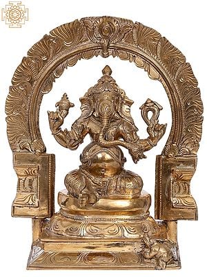 12" Bronze Lord Ganesha Seated on Throne with Arch | Handmade | Madhuchista Vidhana (Lost-Wax) | Panchaloha Bronze from Swamimalai