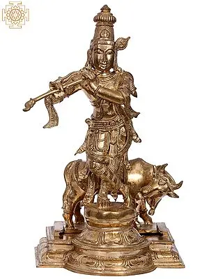 13" Bronze Lord Krishna Idol with Cow | Madhuchista Vidhana (Lost-Wax) | Panchaloha Bronze from Swamimalai