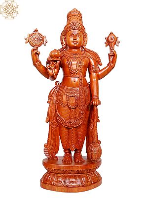 28" Wooden Shri Vishnu with Weapons
